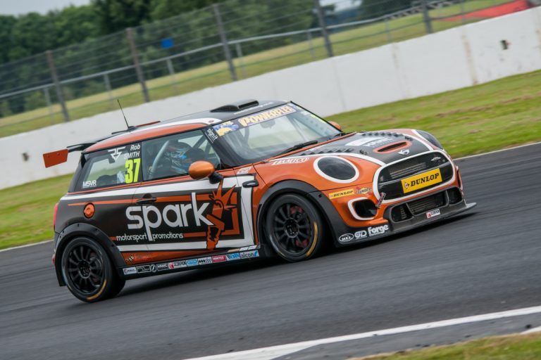 Rapid MINI Challenge racer Rob Smith on the track at Silverstone. Photo: Mark Campbell/CarSceneUK