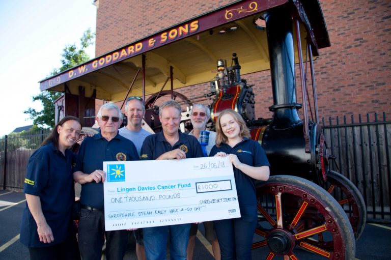 Maggie Astbury, Don Metcalfe; Ben Kaye, Edward Goddard COSSES Chairman; Tom Kaye, and Lizzy Coleman, Events and Fundraising Officer for the Lingen Davies Cancer Fund