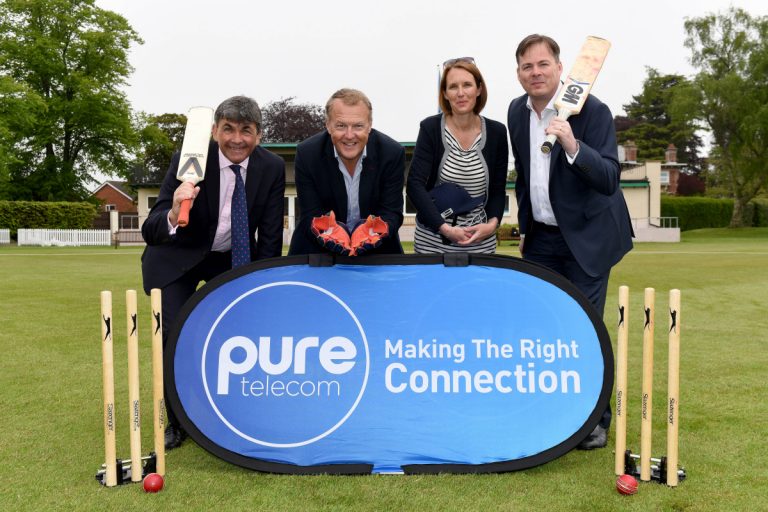 Getting ready for the event are Toby Shaw from Shropshire County Cricket with Matt Sandford, Pure Telecom CEO, Sharon Hutchinson, marketing manager and David Hayward, managing director at Pure Telecom