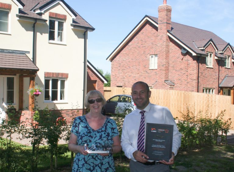 Developer Karen Young with TG Builders’ Merchants general manager Mark Evans at the Myddlewood development
