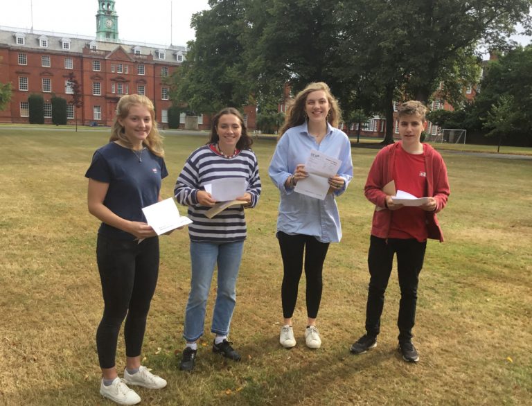 Collecting their results at Shrewsbury School ate Imogen Evans, Sophia Price, Jessie Inglis-Jones and Angus Warburg