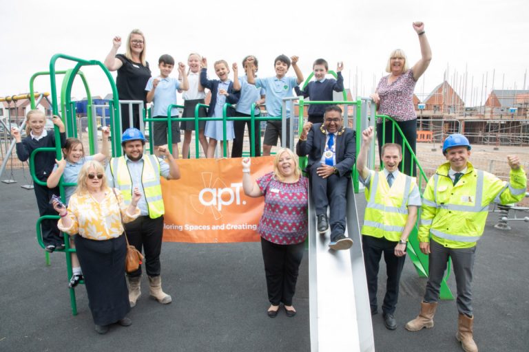 Mayor of the Borough of Telford & Wrekin Councillor Raj Mehta tries out the new area with children from Newdale and teachers and site workers