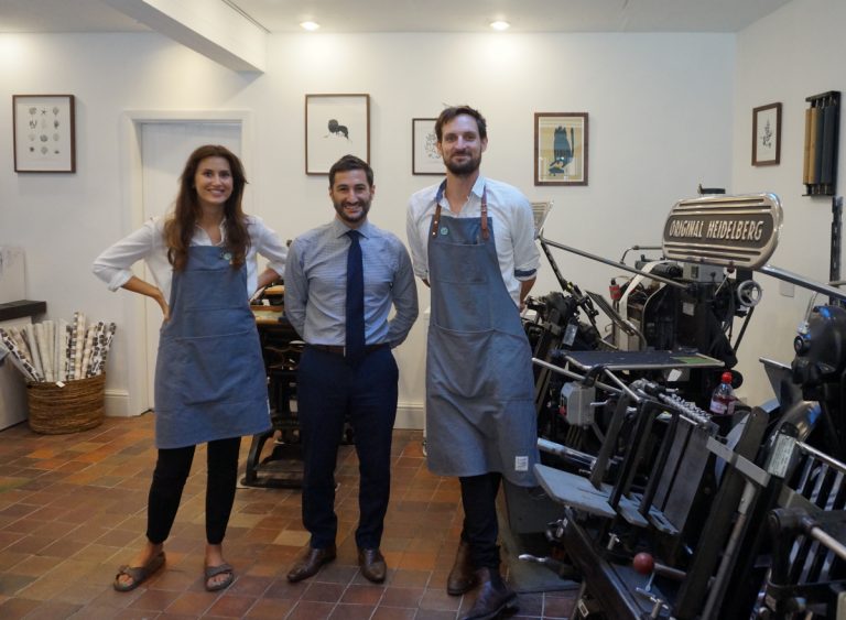 Vici & Adam Blenkarn in their new workshop with Alessio Dyfnallt, Commercial Director at Cooper Green Pooks