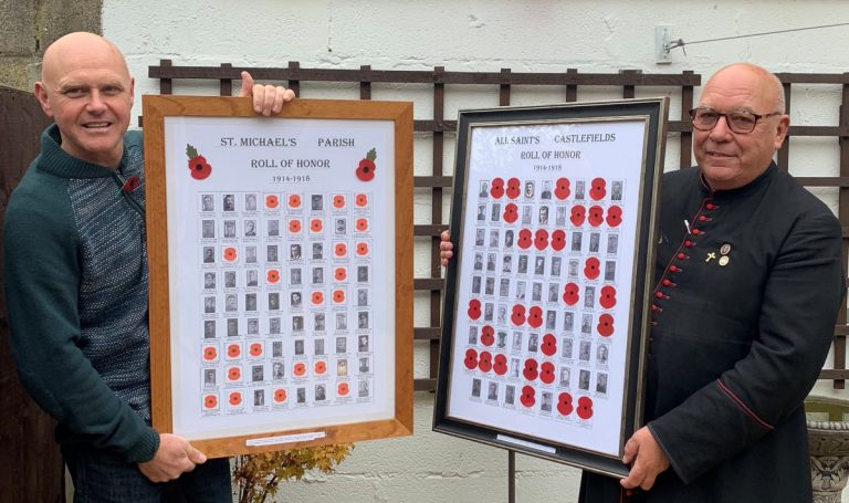 Philip Smith-Morris, author and researcher of the memorial frames with Father Paul Lockett vicar of All Saint's and St. Michael's Parish