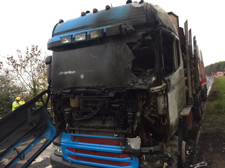 The burnt out cab of the lorry. Photo: @SFRS_CravenArms