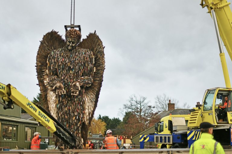 The Knife Angel was carefully loaded onto a lorry to be transported to Liverpool