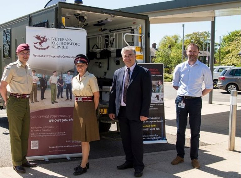 Pictured from left are members of the clinical team helping to deliver the veterans' service: Lt Col Carl Meyer, Consultant Orthopaedic Surgeon); Rebecca Warren, Ward Manager on the Midland Centre for Spinal Injuries and a Staff Sergeant with 202 (Midlands) Field Hospital; Mr Christos Oikonomou, Speciality Doctor in Veterans Arthroplasty; Dr James Neil, Consultant Anaesthetist