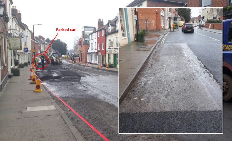 Last Saturday, a parked car prevented resurfacing of an area of the road opposite Tesco