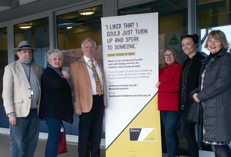 Andy Boddington, Shropshire Councillor for Ludlow North; Jane Hunt, Beam volunteer; Tim Gill, Mayor of Ludlow; Tracey Huffer, Shropshire Councillor for Ludlow East; Natalie Deakin, Children’s Society; Erica Garner, Ludlow town councillor and Young Shropshire Into Work
