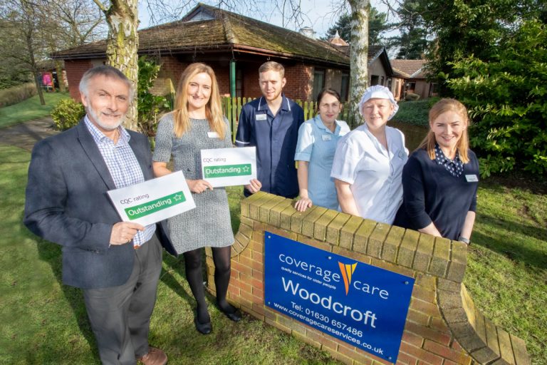 Chief Executive David Coull, Manager Kelly Lowry and Tom Barber (Assistant Manager), Sue Steele (Care Assistant), Sharon Edwards (Kitchen Manager) and Heather Erzincanoglu (Admin) at the ‘outstanding’ Woodcroft in Market Drayton