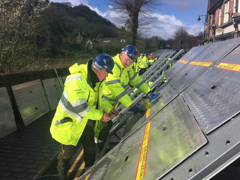 The Environment Agency are busy putting up flood barriers in Ironbridge. Photo: @DaveThroupEA