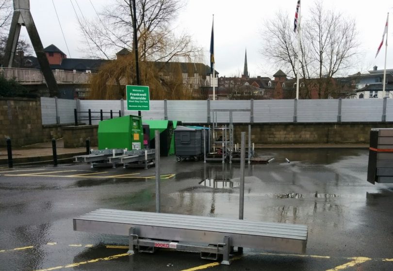 Flood defence barriers in place at Frankwell in Shrewsbury during previous flooding