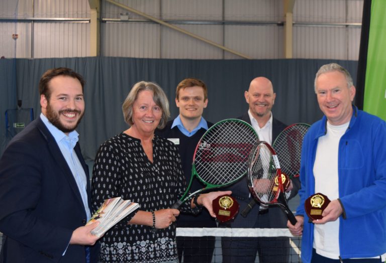 Edward Thomas (Wrekin Housing Trust); Elaine Marsh (Shifnal Tennis Club); Jamie McLintock (duty manager at the Telford Tennis Centre); Paul Godwin (Wrekin & Telford Tennis Community); Robin Gilbert (Shrewsbury Lawn Tennis Club)