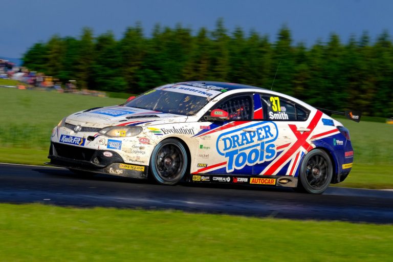 Rob Smith takes to a rather wet track at Croft. Photo: DSdigital/Dickon Siddall
