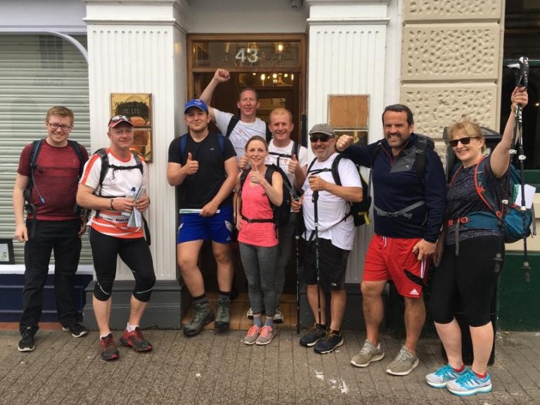 Berrys’ sponsored walk finished outside the Broad Street, Hereford office on Sunday, from left: Owen Fry, Chris Williams, Ben Anwyl, Richard Harman, Kate Evason, Chris Jones, Matt Anwyl, Stuart Thomas, Emma Anwyl