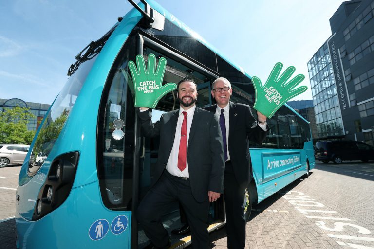 Arriva's Jamie Crowsley celebrates Catch the Bus Week 2019 with Cllr David Wright