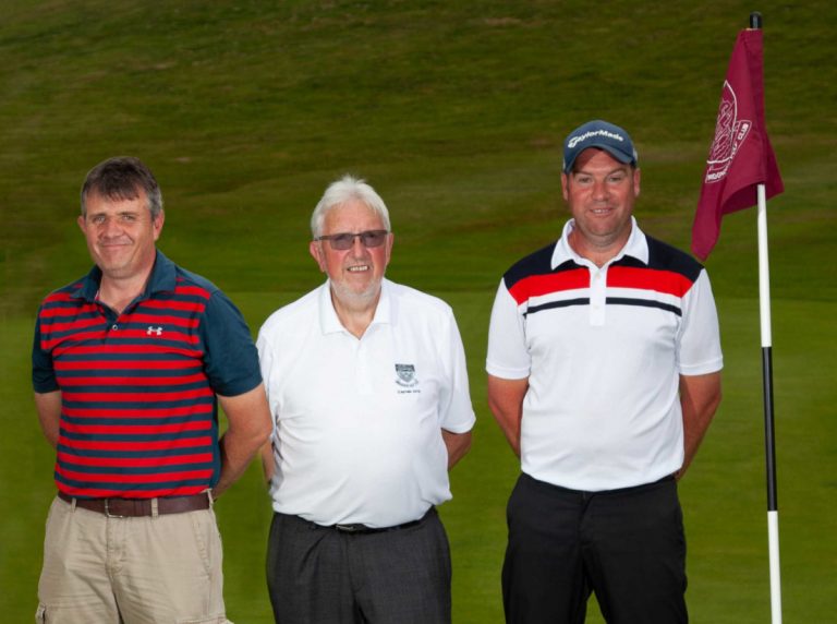 Jonathan Guest winner of the Dickson (Handicap) Trophy & 2019 Club Handicap Champion, Captain Colin Turner and Matthew Bethell winner of the Wetton (Scratch) Trophy & 2019 Club Champion