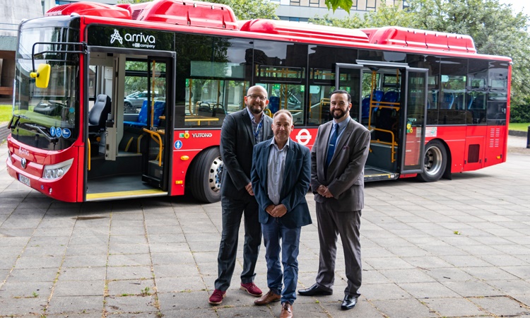 Pictured with the electric bus are James Willocks and Councillor Simon Harris from Shropshire Council, with Jamie Crowsley from Arriva Shropshire. Photo: Shropshire Council