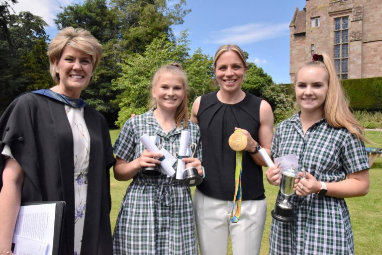 Adcote School Headmistress Diane Browne and pupils Katie Richards and Mia Dyfnallt with Olympic hockey champion Kate Richardson-Walsh