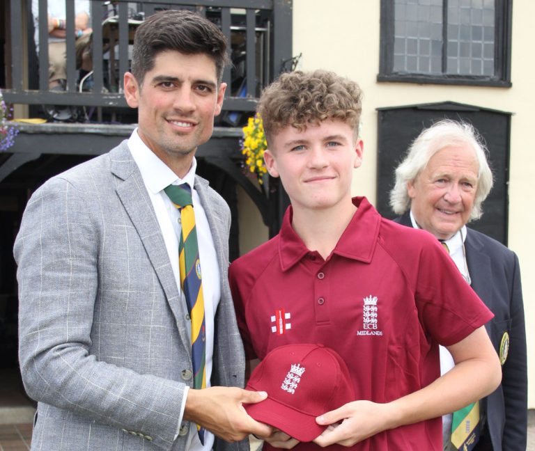 Harry Cooke from North Shropshire getting his Bunbury cap from Alastair Cook recently