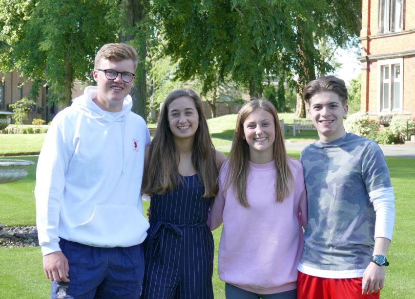 Collecting their results from Wrekin College are from left Oliver Davies, Róisín Gambroudes, Tess Sanders and Atahan Camlibel