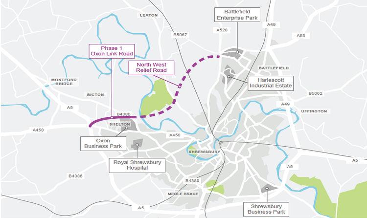 The route of the planned Oxon Link Road and North West Relief Road
