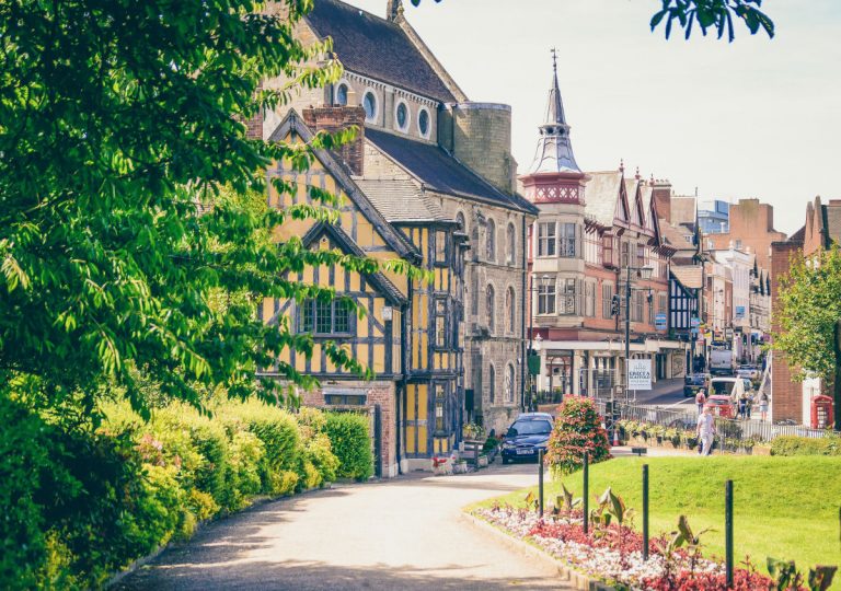 A view of Castle Street in Shrewsbury from the entrance of Shrewsbury Castle