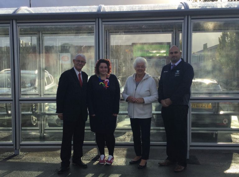 Cllr Stephen Reynolds (Mayor of Oakengates Town Council), Cllr Gilly Reynolds (Local Ward Cllr and member of Oakengates Town Council), Cllr Hilda Rhodes (Cabinet Member Telford & Wrekin Council) and Matt Powell (Group Manager - Strategic Transport, Telford & Wrekin Council) at the new bus shelter installed at Oakengates Bus Station. Photo: Telford & Wrekin Council