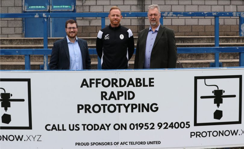 A win-win deal . . . ProtoNow.xyz directors Thomas Hoof and Peter Roberts at the Bucks Head with AFC Telford United manager Gavin Cowan