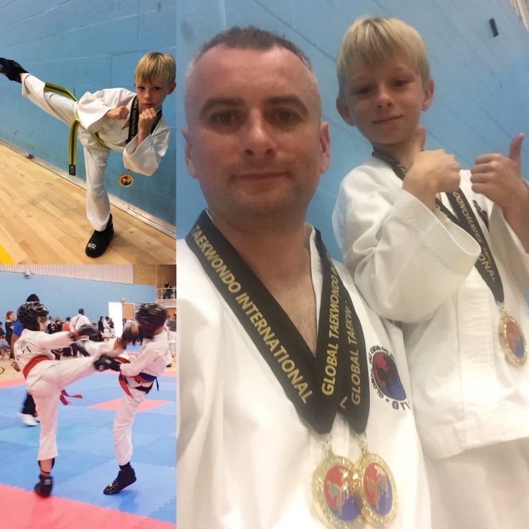 Pictured clockwise from bottom left, Jack Light landing a head kick during his sparring, Albert with his gold medal, and with his father Marcin (double gold medalist)