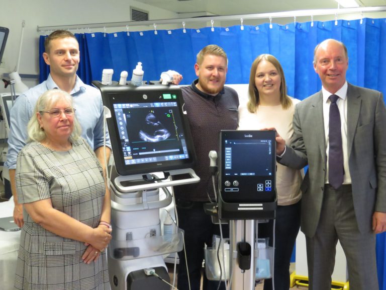Pictured with one of the new life-saving ultrasound machines are Andy, Louisa and Madge Boyle with Dr Ashley Miller and Richard Lawn