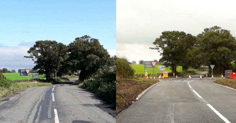 Mount Pleasant crossroads – before and after the improvement work. Photo: Shropshire Council
