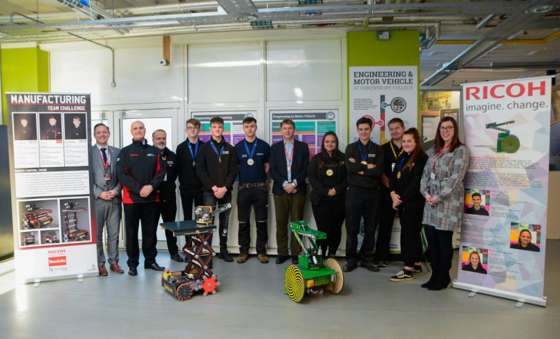 Andrew Lee, Curriculum Leader for Engineering, Richard Annett, General Manager for Makita Manufacturing Europe Ltd, Keith Hickman from Ricoh, current and former SCG students Harry Maddox, Tom Moule, Ryan Lee, Principal of SCG, James Staniforth, Belinda Nightingale, Tom Mills, Mark Smith from Ricoh, student Chloe Millington and Clare Shepherd, Learning and Development Officer at Ricoh