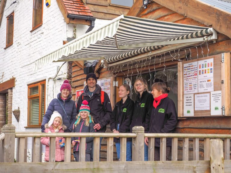 Visitors to the pavilion, Michelle and Simon Williams with children Isla and Alexa with Halfway House staff Alana Worrall and Elysia Davison and Joy Jones