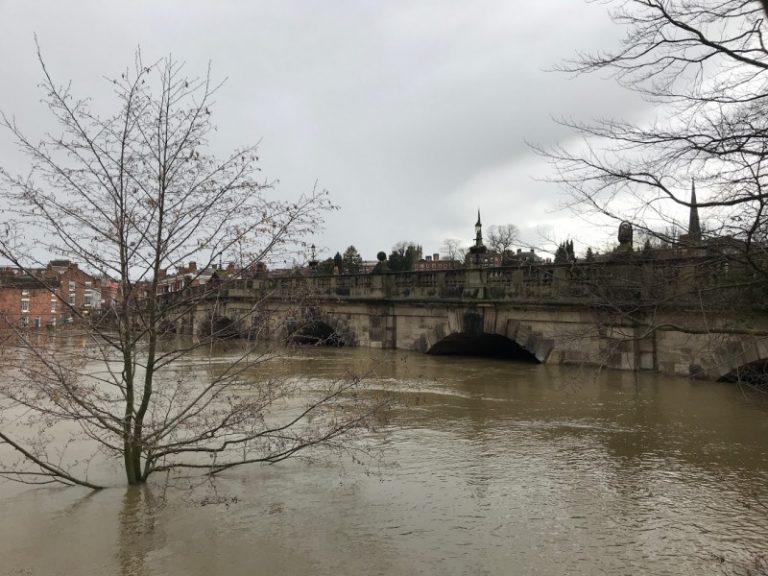High river levels under the English Bridge in Shrewsbury on Tuesday