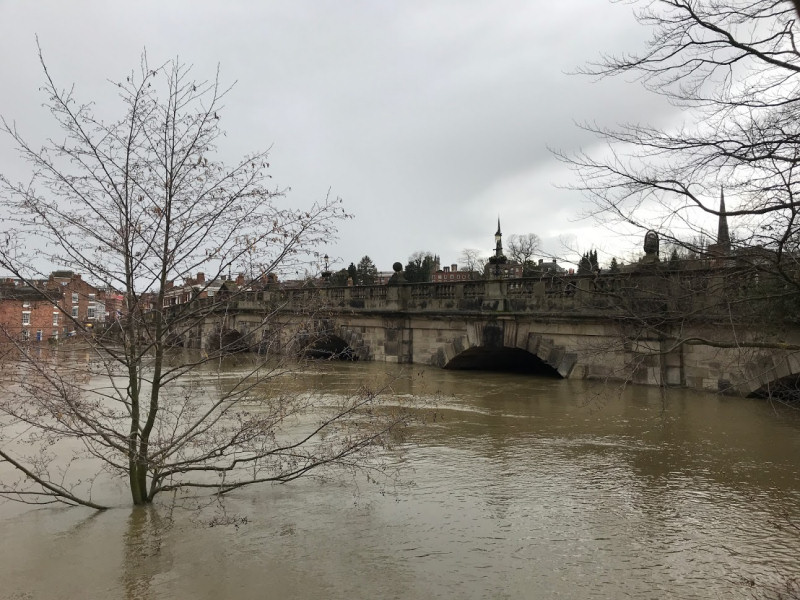 High river levels under the English Bridge in Shrewsbury on Tuesday