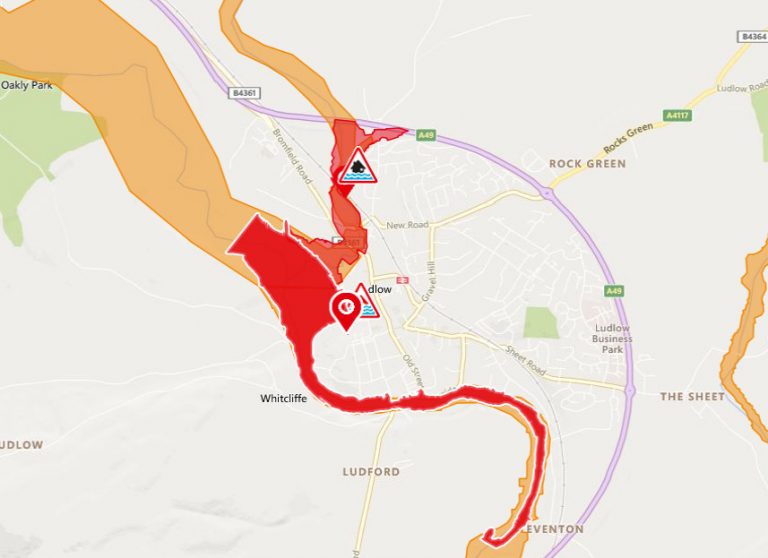 A severe flood warning is in place for the River Teme at Ludlow. Image: Environment Agency