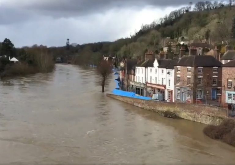 Flood defences along the Wharface in Ironbridge have become overwhelmed by the volume of water