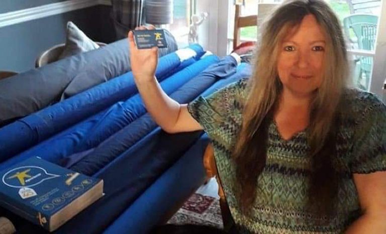 Mandy Ellison from Sewing for the NHS Shropshire with MyWorkwear’s donation of material