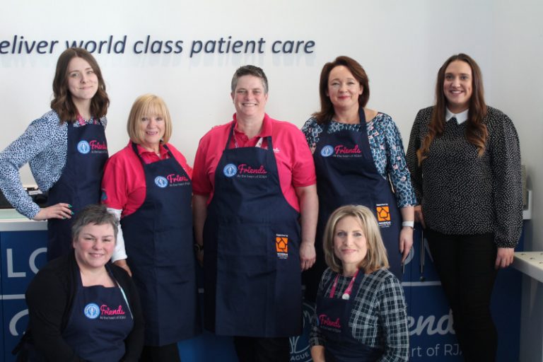 Bottom row from left to right is Toniann Darlington (Retail Manager) and Victoria Sugden (Charity Director). Top row from left to right is Heather Thomas-Bache (Head of Voluntary Services), Dee Hamilton (LOF Volunteer), Anna Unsworth (Community Fundraising Officer), Kate Woodhead (Woodhead’s Business Owner) and Lucie Bromley (Woodhead Office Manager)