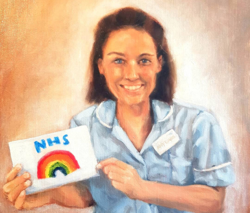 Painting by Tara Lewis of ITU nurse Amy Dawson – based at Shrewsbury Hospital. It was painted for the #PortraitsForNHSHeroes campaign