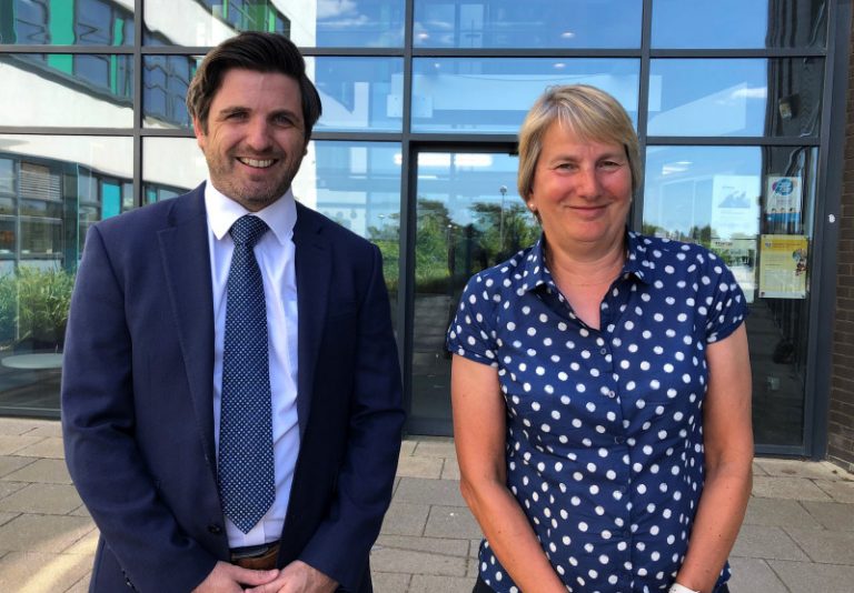 Richard Gummery is welcomed to Ercall Wood by Learning Community Trust chief executive Dr Gill Eatough