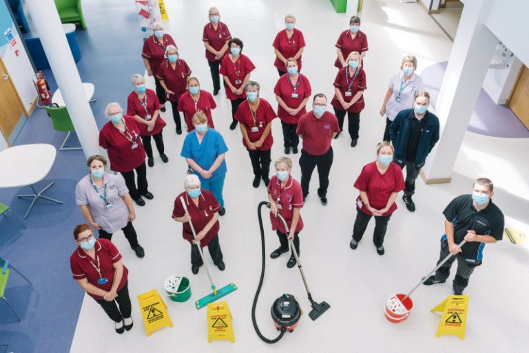 Members of the Trust’s Housekeeping team celebrating after finding out the wards and side rooms were rated the cleanest in the country by patients