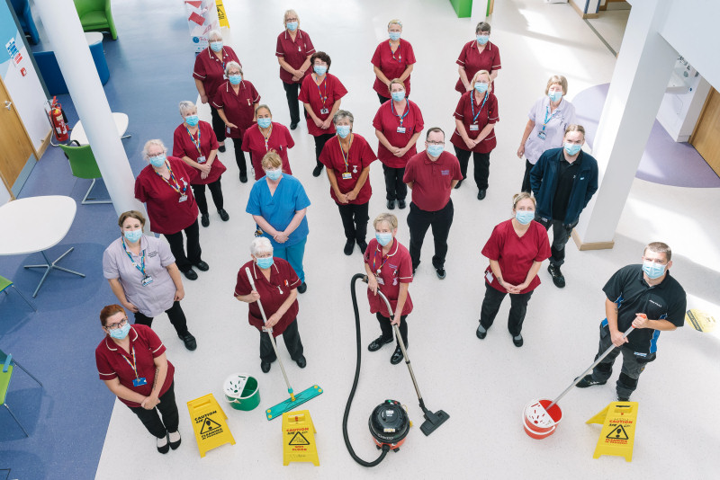 Members of the Trust’s Housekeeping team celebrating after finding out the wards and side rooms were rated the cleanest in the country by patients
