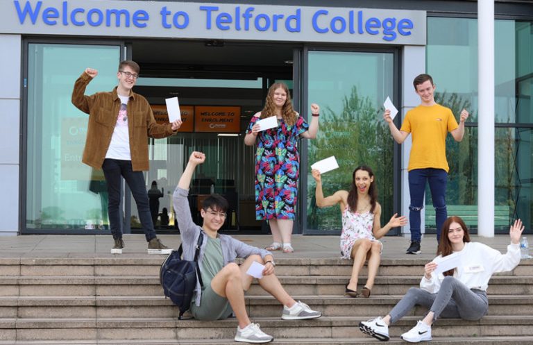 Preparing to discover their A level grades at Telford College are, top from left, Tom Ollivier, Faye Oliver and Matthew Thomas, with bottom row from left, Yuki Tanaka, Megan Davenport, and Fiona Robinson