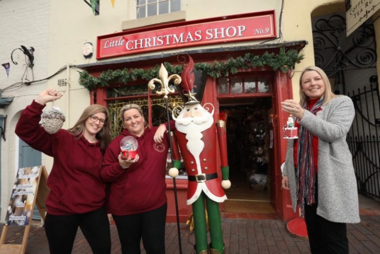 Kimberley and Emily from The Little Christmas Shop with Councillor Carolyn Healy, ward member for Ironbridge Gorge. Photo: Telford & Wrekin Council