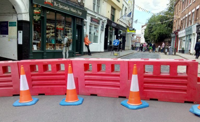 Social distancing measures pictured in place on Shrewsbury's Wyle Cop. Photo: Shropshire Council