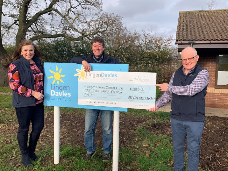 Representatives of Agribusiness Communications, including (from left to right), financial administrator Caroline Francis, founder Matt Mellor and managing director David Butler, present their cheque outside the Lingen Davies headquarters at the Royal Shrewsbury Hospital.