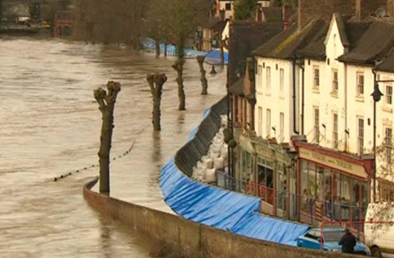 Flood defences on The Wharfage in Ironbridge during previous flooding