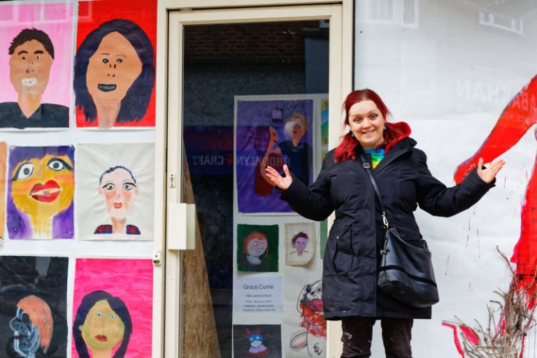 Artist Grace Currie in front of her exhibition in Shoplatch, Shrewsbury. Photo: Chris Wright / Helter Skelter Studios